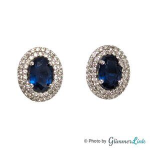 EJI 925 Sterling Silver Oval Blue Center Stone Double Halo Earrings